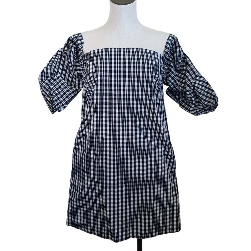 1 State Dress‎ Black White Check Off Shoulder Plaid Lined Cotton Blend Womens XS